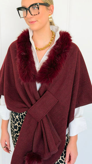Fur Collar Wrap Poncho - Burgundy