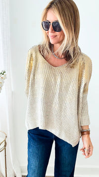 V Neck Gold Foil Sweater - Oyster-140 Sweaters-Look Mode-Coastal Bloom Boutique, find the trendiest versions of the popular styles and looks Located in Indialantic, FL