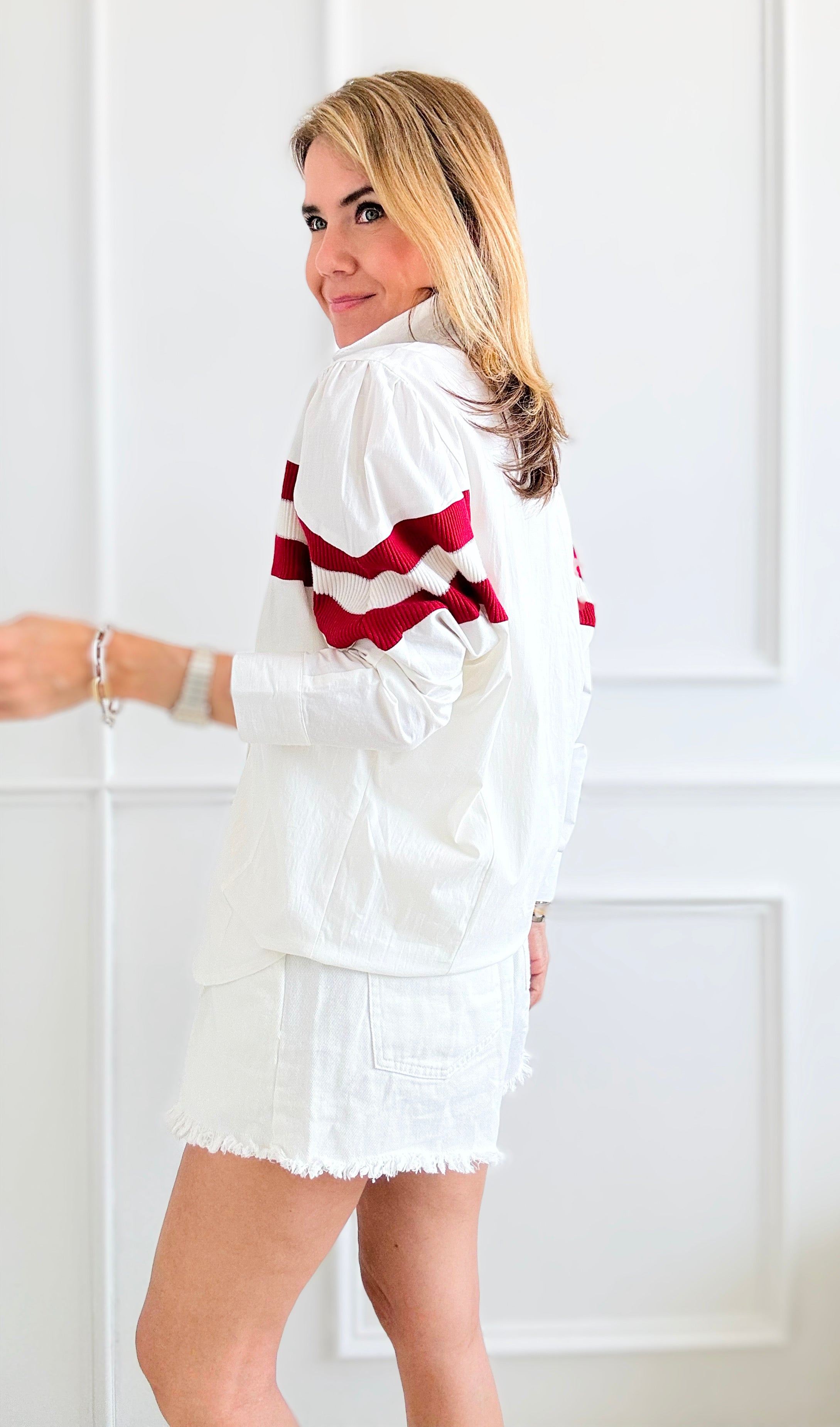 Striped Sleeves Detailed Shirt Blouse - Ivory/Red-130 Long Sleeve Tops-BucketList-Coastal Bloom Boutique, find the trendiest versions of the popular styles and looks Located in Indialantic, FL