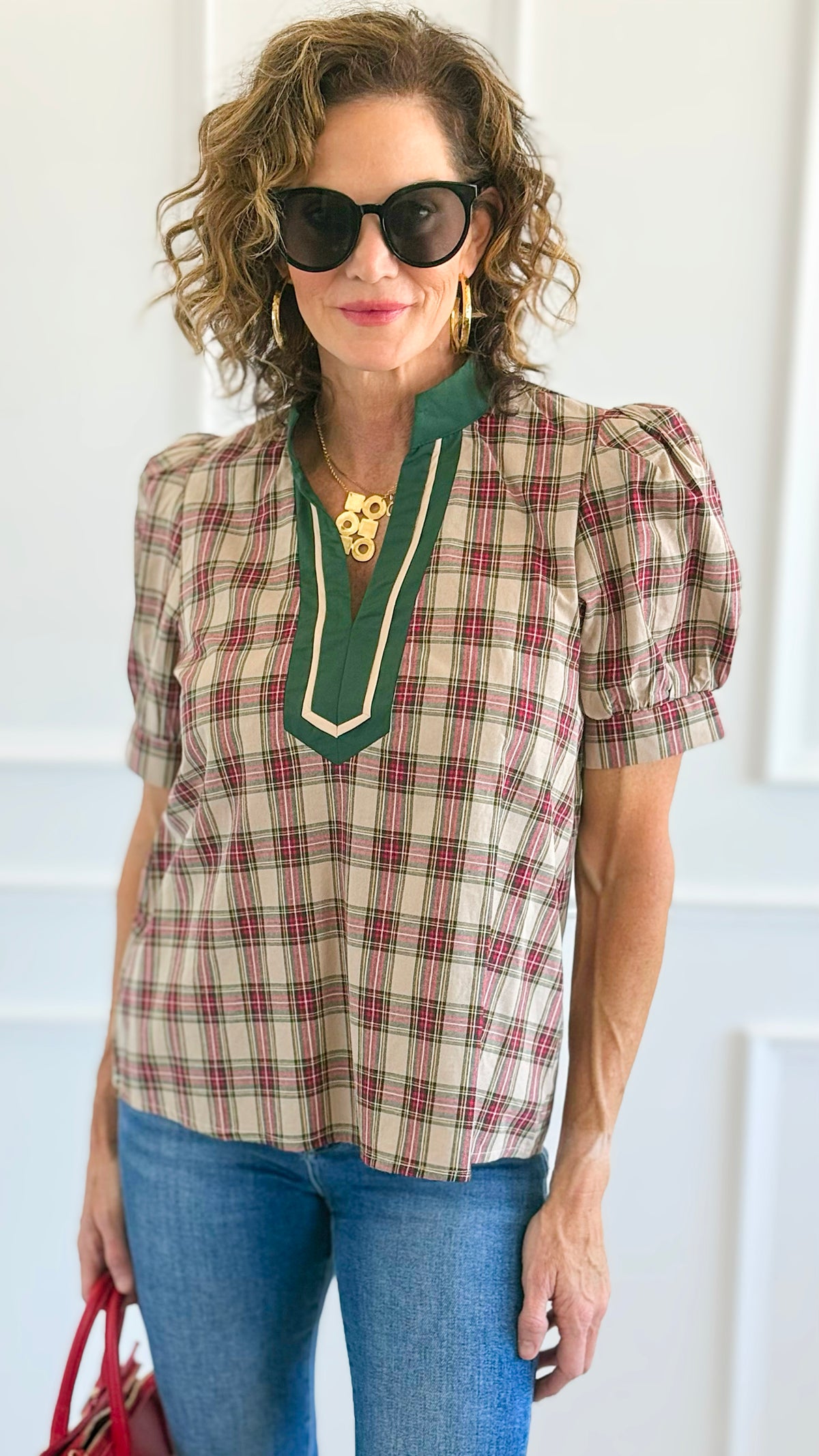 Checked Charm Puff Sleeve Top - Taupe-110 Short Sleeve Tops-entro-Coastal Bloom Boutique, find the trendiest versions of the popular styles and looks Located in Indialantic, FL