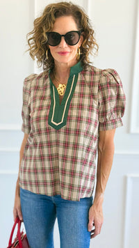 Checked Charm Puff Sleeve Top - Taupe-110 Short Sleeve Tops-entro-Coastal Bloom Boutique, find the trendiest versions of the popular styles and looks Located in Indialantic, FL