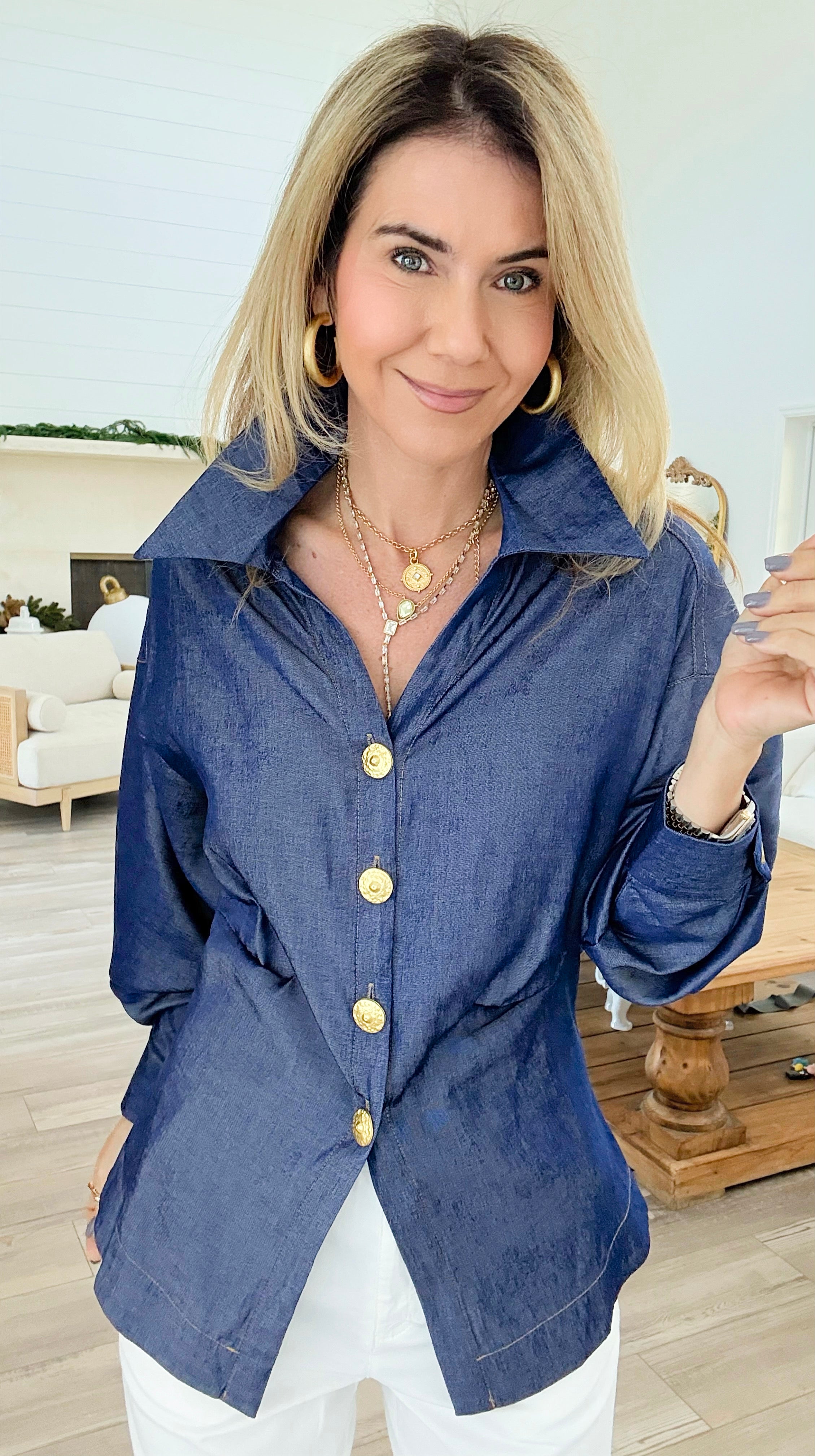 Golden Hour Shimmer Button Top-130 Long Sleeve Tops-LA ROS-Coastal Bloom Boutique, find the trendiest versions of the popular styles and looks Located in Indialantic, FL