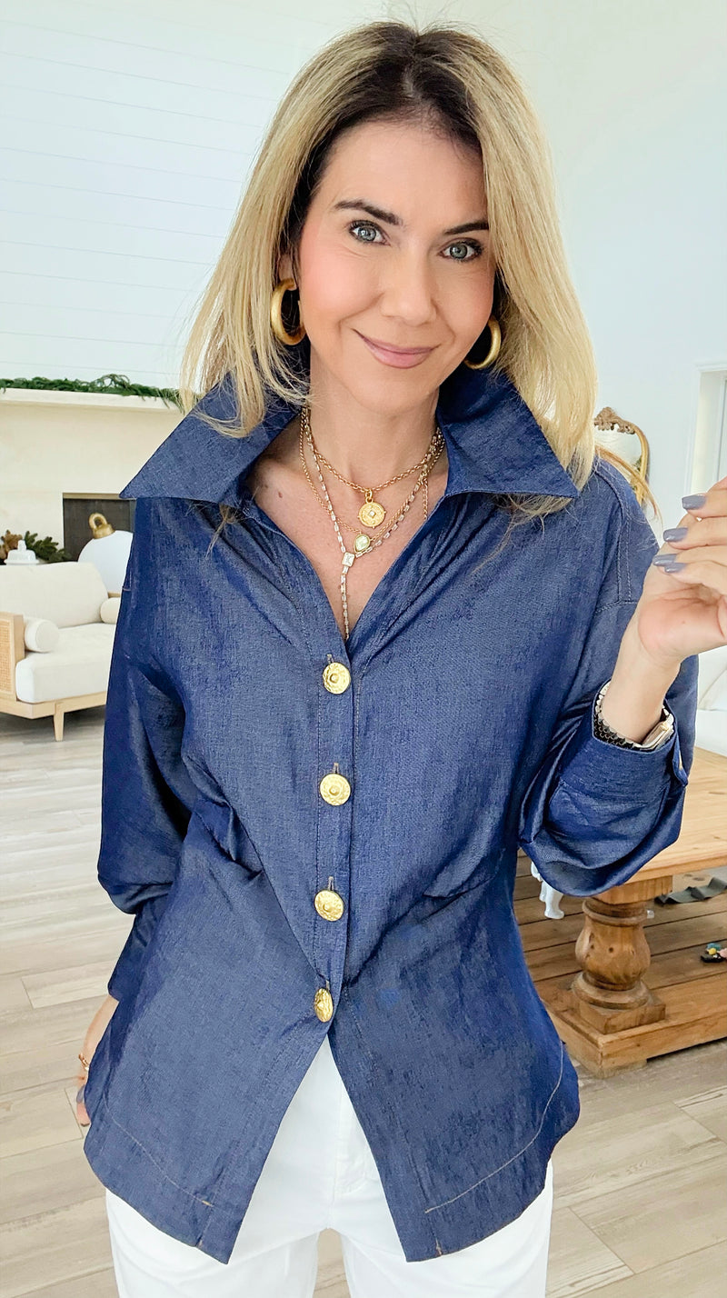Golden Hour Shimmer Button Top-130 Long Sleeve Tops-LA ROS-Coastal Bloom Boutique, find the trendiest versions of the popular styles and looks Located in Indialantic, FL