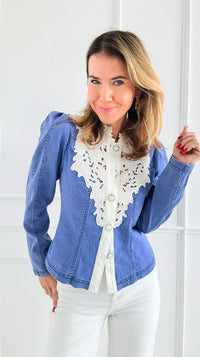 Victorian Lace-Inspired Denim Top-130 Long Sleeve Tops-La' Ros-Coastal Bloom Boutique, find the trendiest versions of the popular styles and looks Located in Indialantic, FL