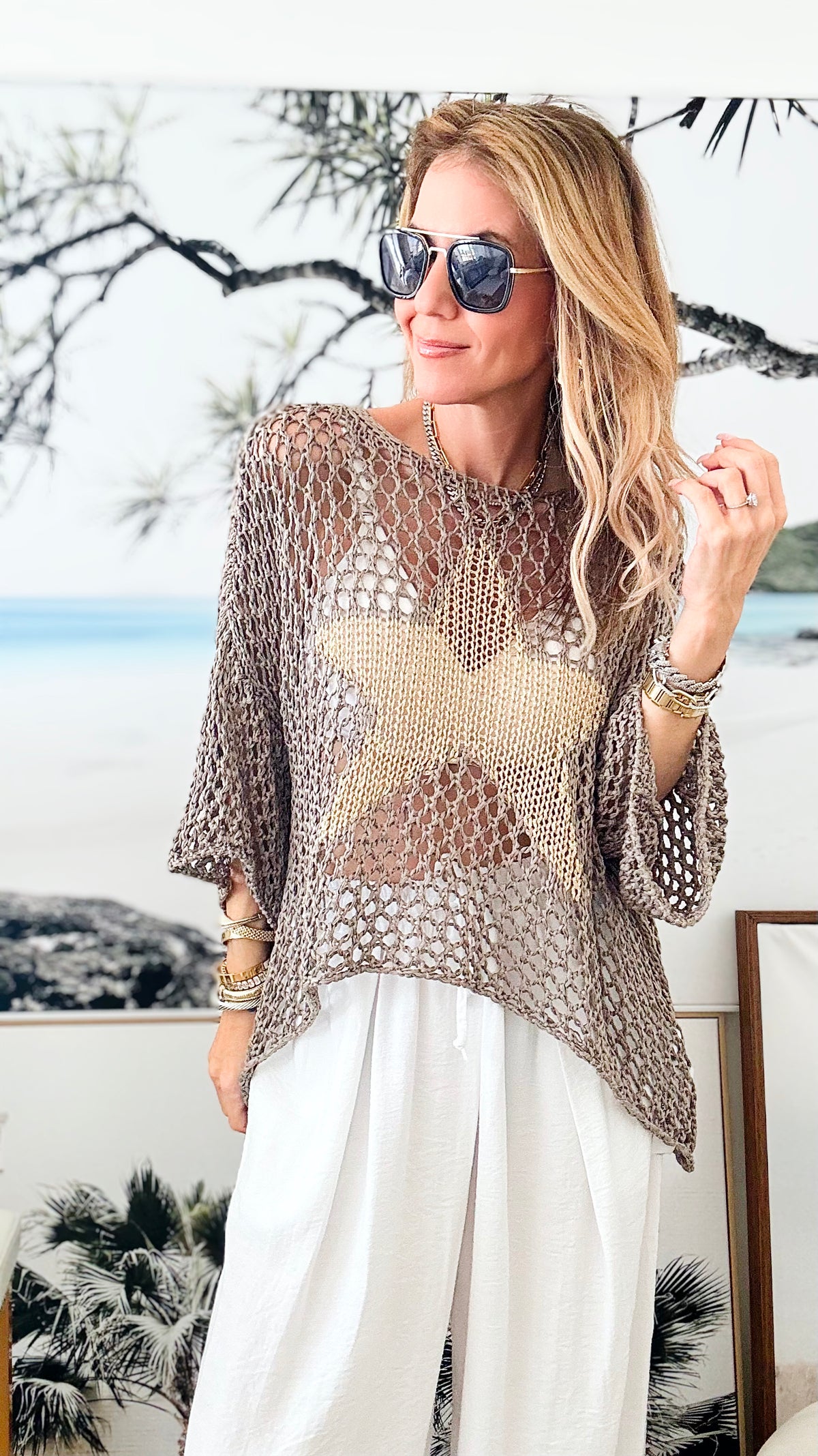 Shining Star Italian Chain Sweater -Dark taupe / Gold-140 Sweaters-Look Mode-Coastal Bloom Boutique, find the trendiest versions of the popular styles and looks Located in Indialantic, FL