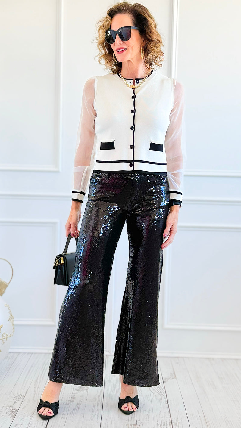 Boujie Holiday Sequin Flare Pants - Black-100 Pants-SO ME-Coastal Bloom Boutique, find the trendiest versions of the popular styles and looks Located in Indialantic, FL
