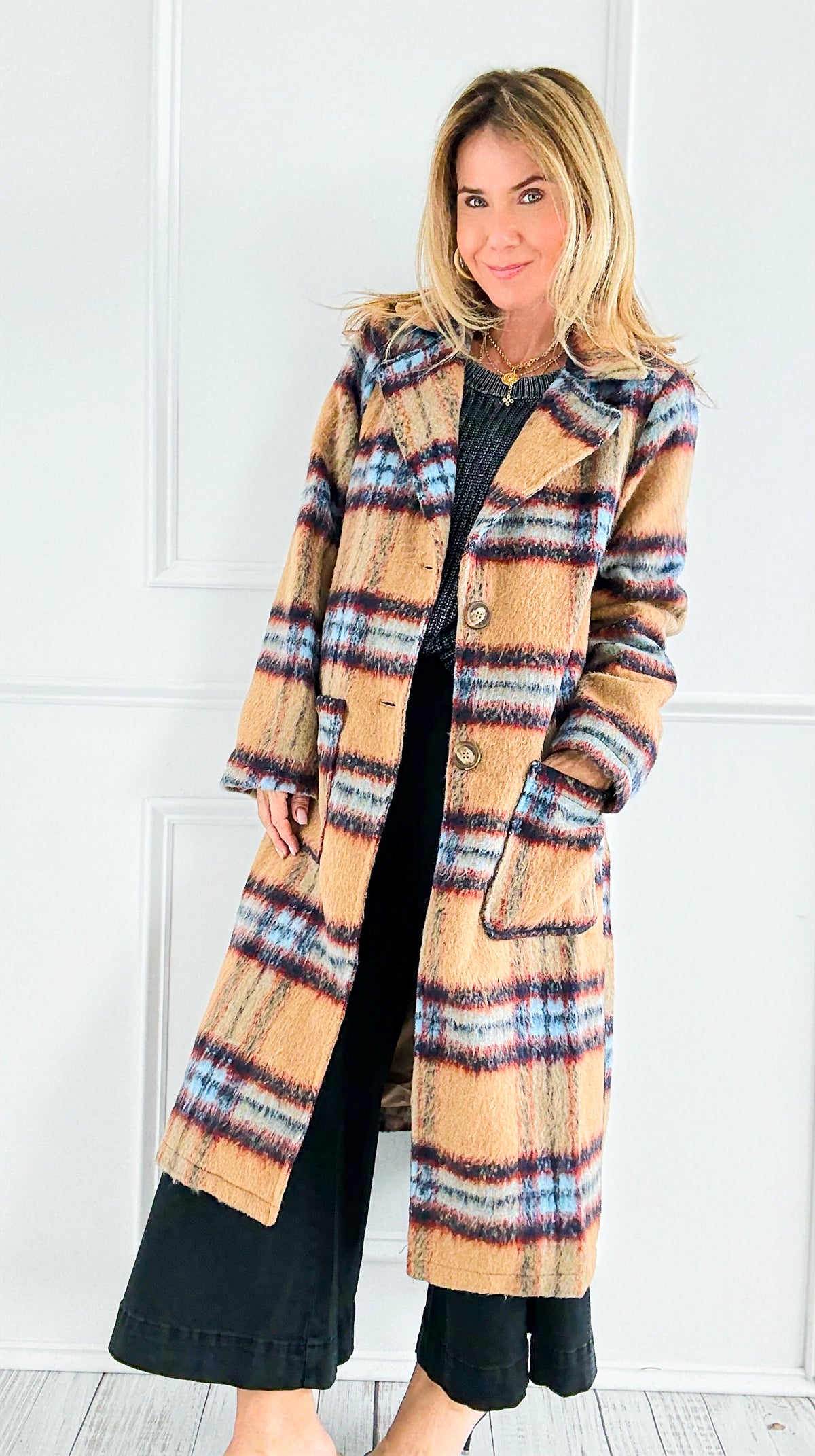 Heritage Check Long Coat-160 Jackets-mystree-Coastal Bloom Boutique, find the trendiest versions of the popular styles and looks Located in Indialantic, FL