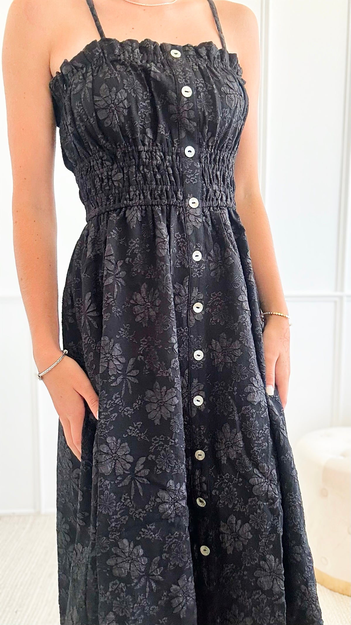 Floral Sleeveless Midi Dress - Black-200 dresses/jumpsuits/rompers-Rousseau-Coastal Bloom Boutique, find the trendiest versions of the popular styles and looks Located in Indialantic, FL