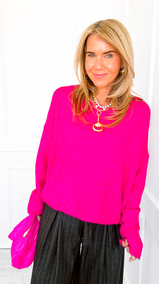 Relaxed Scoop Neck Knit Sweater - Magenta