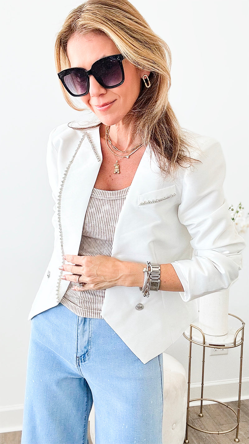 Effortlessly Iconic Rhinestone Trim Blazer Jacket-160 Jackets-INA-Coastal Bloom Boutique, find the trendiest versions of the popular styles and looks Located in Indialantic, FL