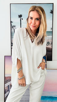 Woven Airflow Top - Off White-130 Long Sleeve Tops-Zenana-Coastal Bloom Boutique, find the trendiest versions of the popular styles and looks Located in Indialantic, FL