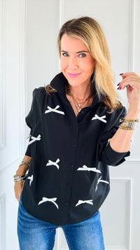 Bow-Tied Bliss Button-Up Top - Black-130 Long Sleeve Tops-JODIFL-Coastal Bloom Boutique, find the trendiest versions of the popular styles and looks Located in Indialantic, FL