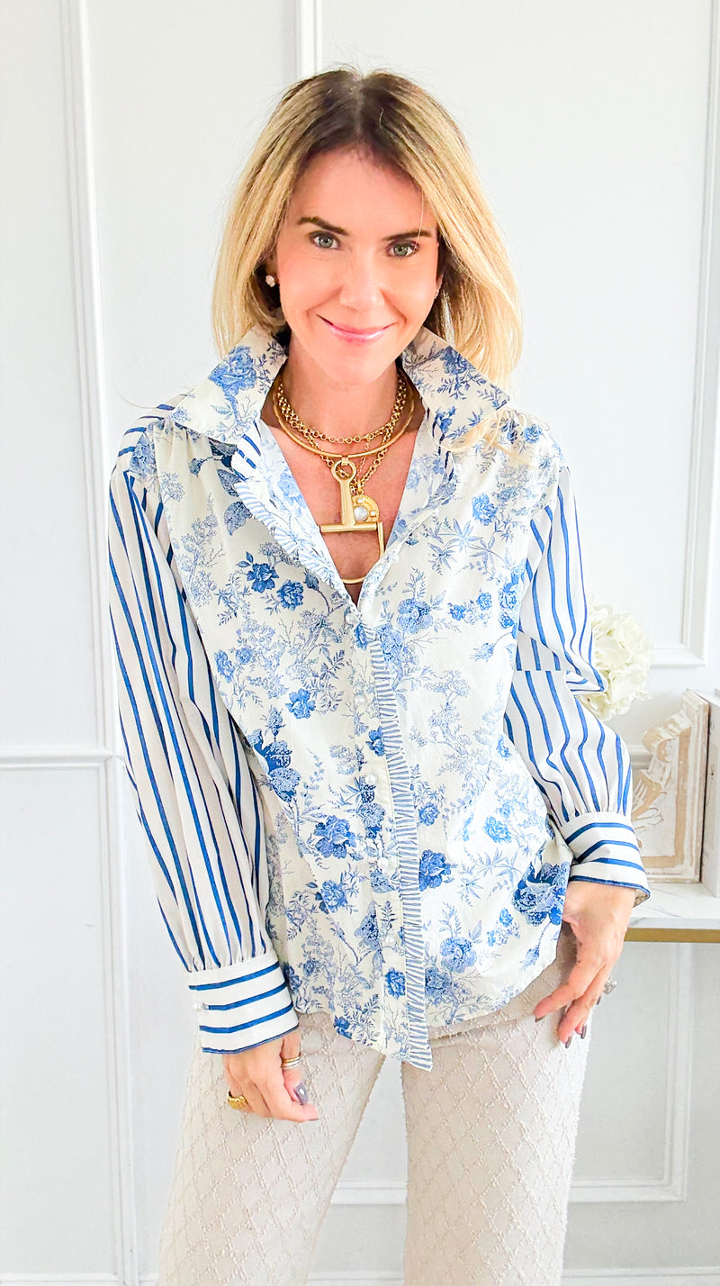 Garden Poise Mixed-Print Button Down Top-130 Long Sleeve Tops-JODIFL-Coastal Bloom Boutique, find the trendiest versions of the popular styles and looks Located in Indialantic, FL