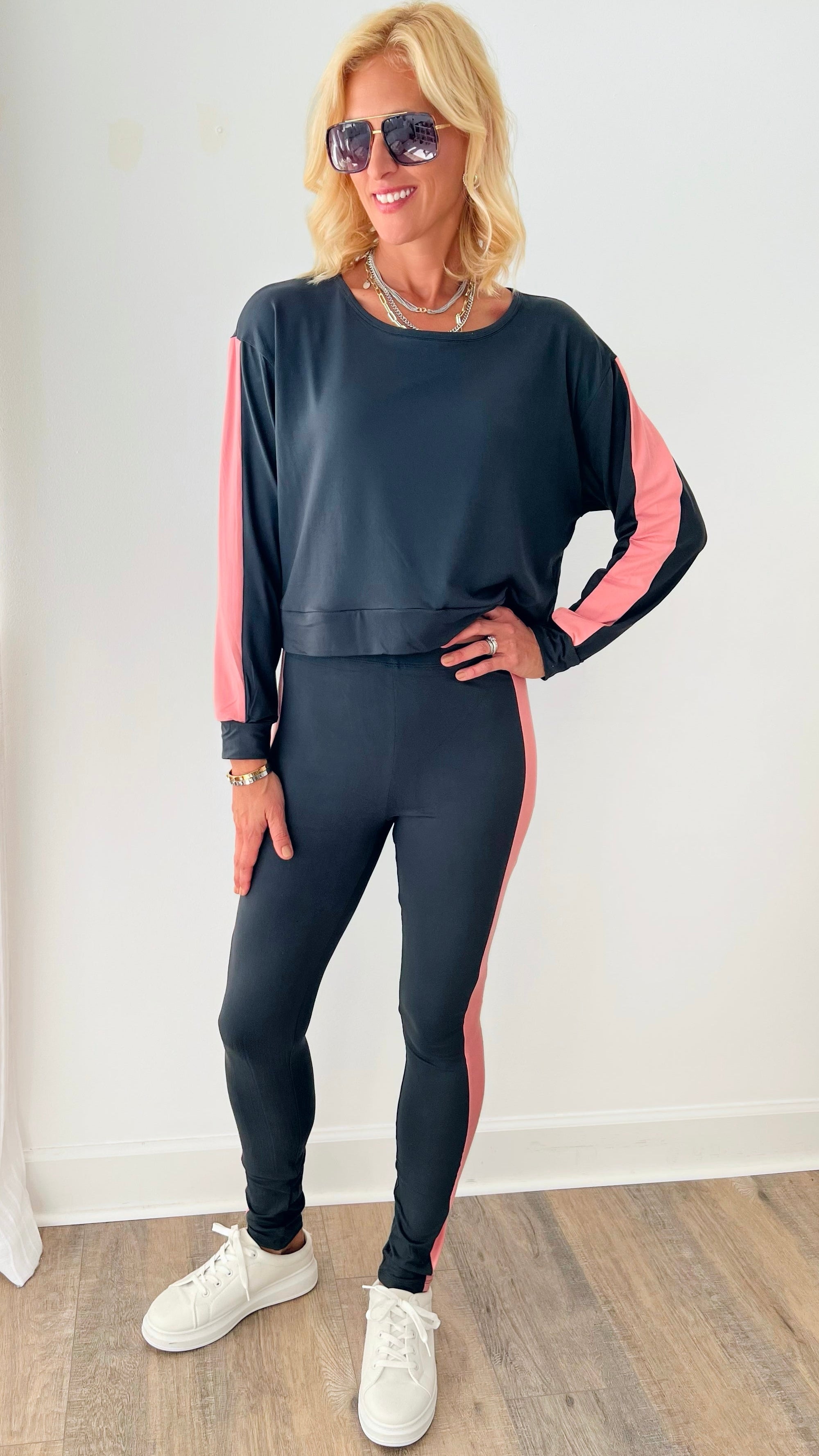 Comfy Varsity Striped Set - Charcoal & D.Rose-210 Loungewear/Sets-YELETE-Coastal Bloom Boutique, find the trendiest versions of the popular styles and looks Located in Indialantic, FL