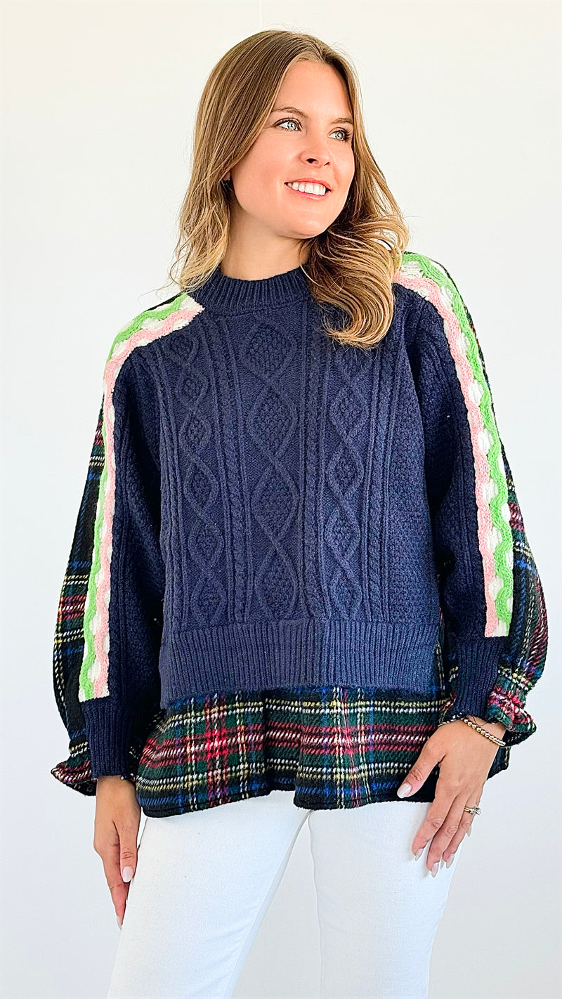 Highland Knit Patchwork Sweater - Navy-140 Sweaters-Cezele-Coastal Bloom Boutique, find the trendiest versions of the popular styles and looks Located in Indialantic, FL