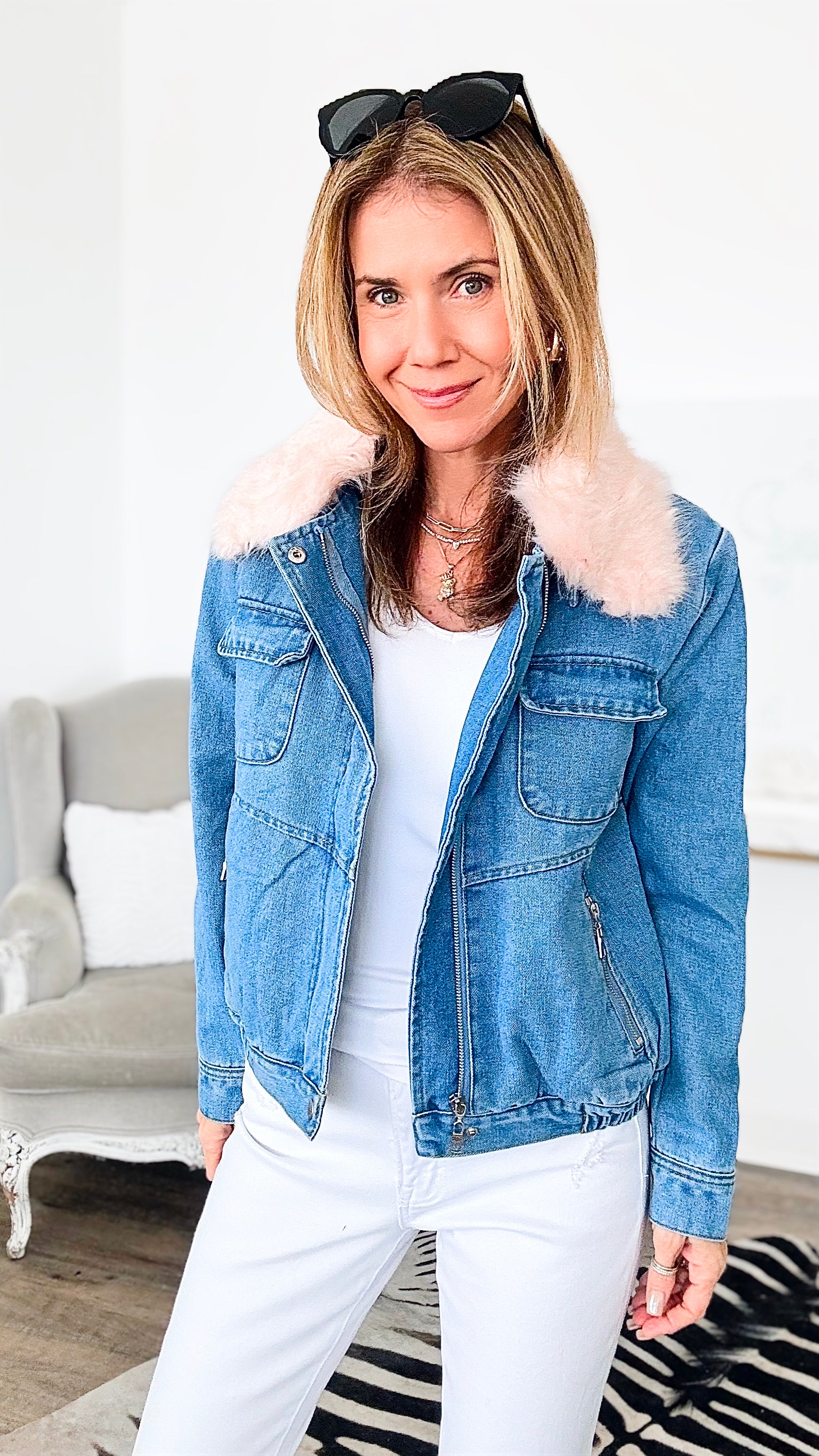 Cloud Dreams Faux Fur-Trim Jacket - Denim/Pink-160 Jackets-ShopIrisBasic-Coastal Bloom Boutique, find the trendiest versions of the popular styles and looks Located in Indialantic, FL