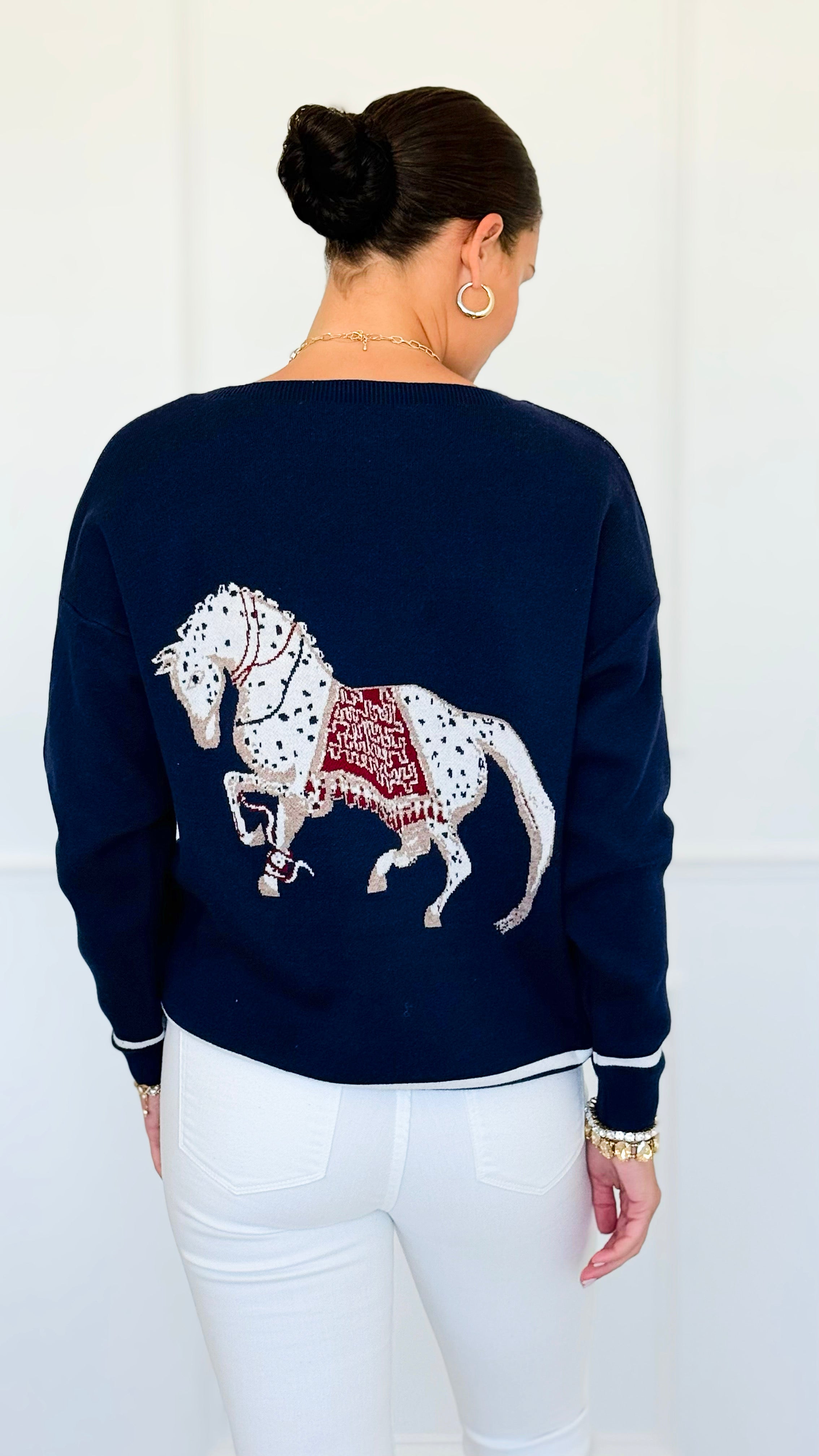 Equestrian Parade Italian Sweater- Navy-140 Sweaters-K2-Coastal Bloom Boutique, find the trendiest versions of the popular styles and looks Located in Indialantic, FL