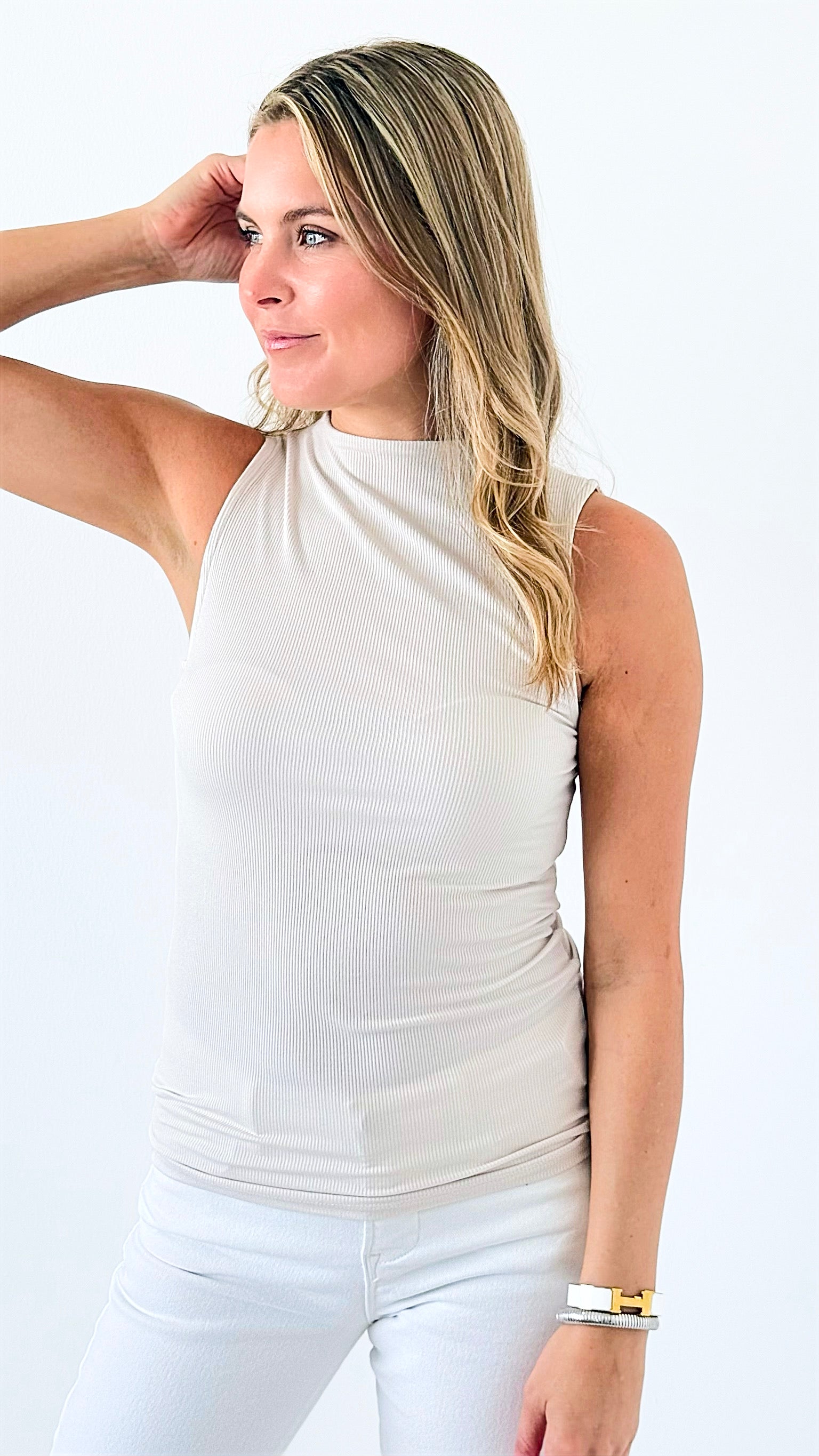 Ribbed Mock Neck Tank Top - Sand Beige-100 Sleeveless Tops-Zenana-Coastal Bloom Boutique, find the trendiest versions of the popular styles and looks Located in Indialantic, FL