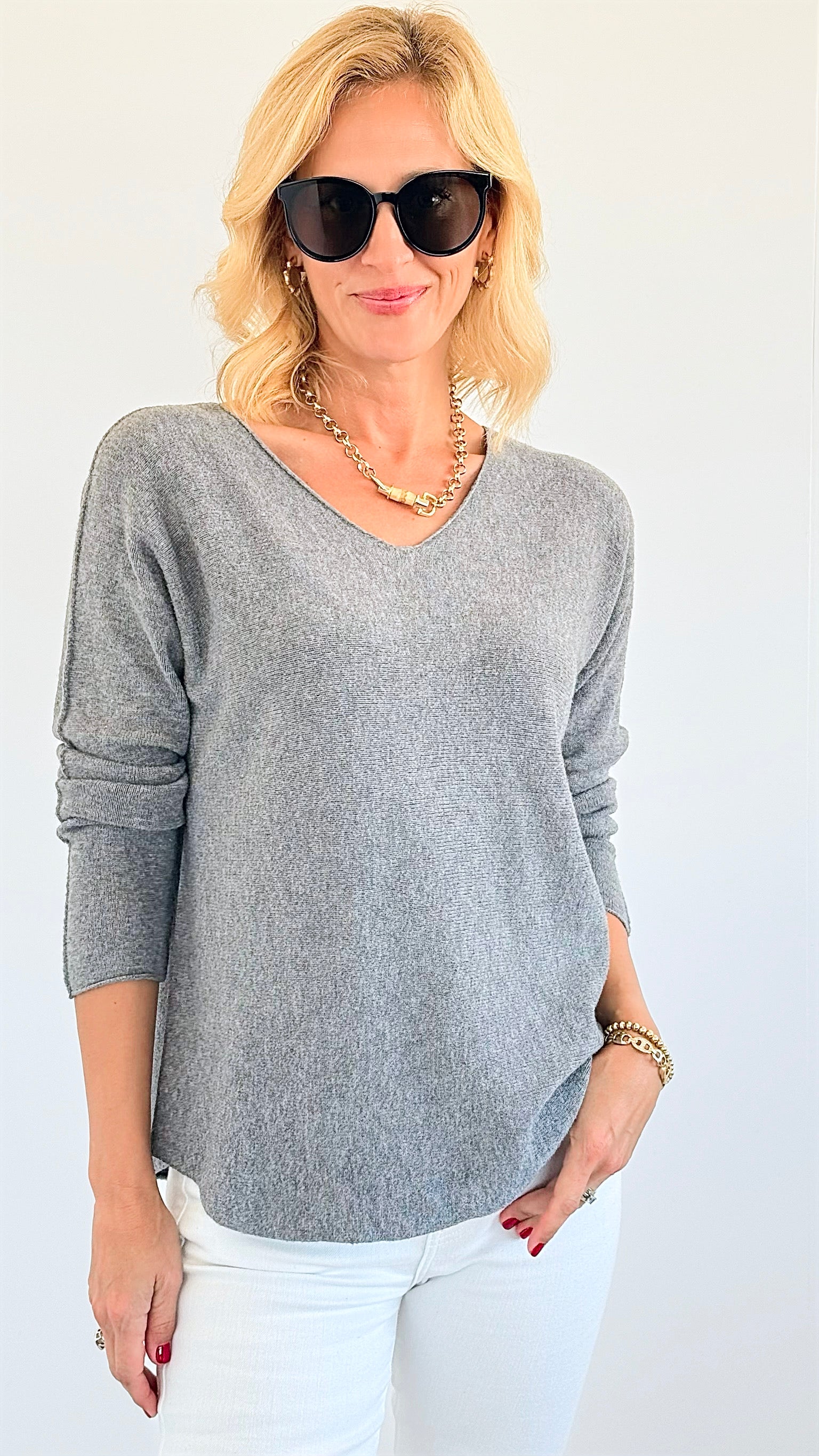 Soho Italian V-Neck Pullover - Heather Gray-140 Sweaters-Italianissimo-Coastal Bloom Boutique, find the trendiest versions of the popular styles and looks Located in Indialantic, FL