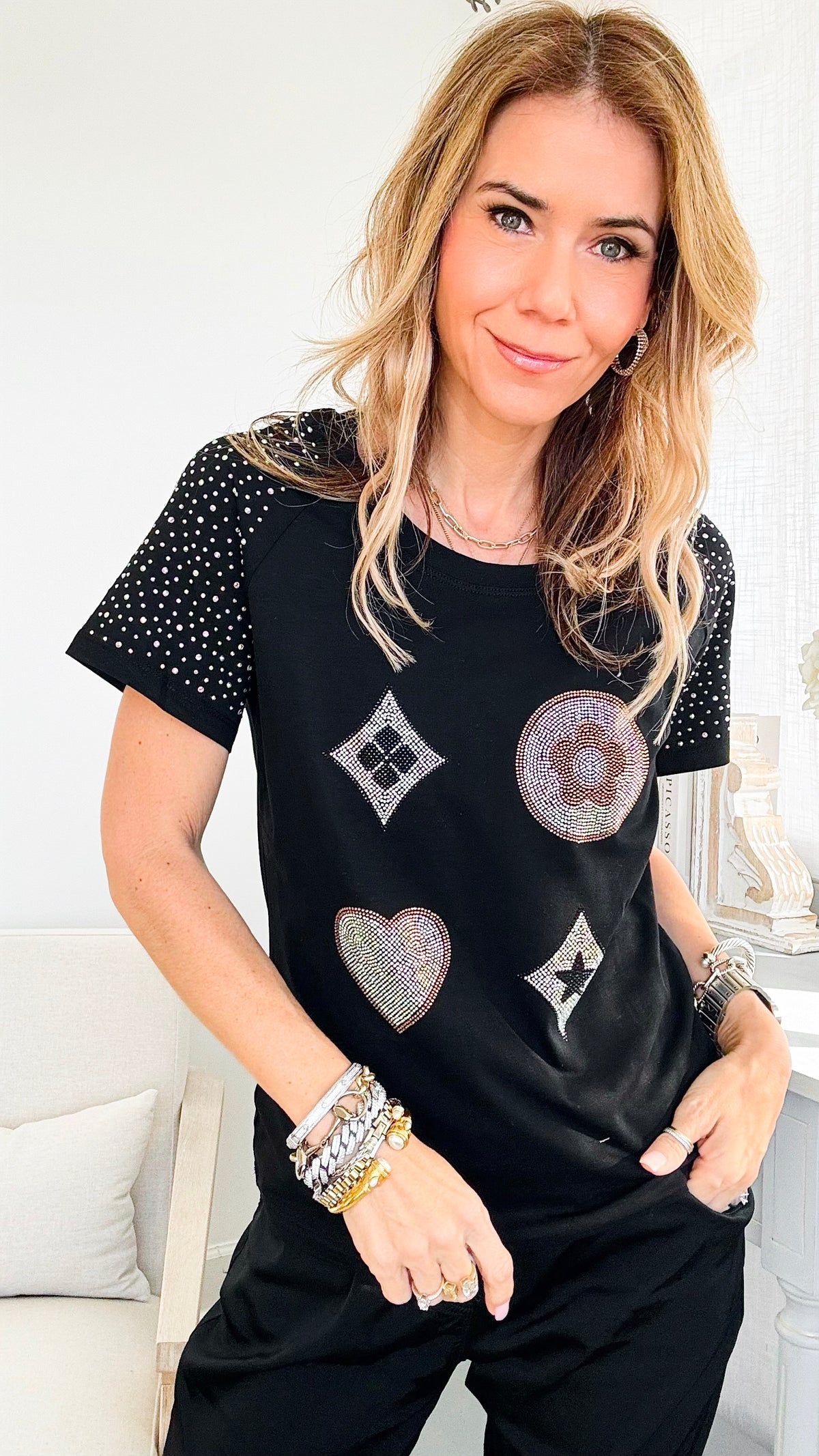 Clover and Flower Rhinestone Graphic Top - Black-110 Short Sleeve Tops-in2you-Coastal Bloom Boutique, find the trendiest versions of the popular styles and looks Located in Indialantic, FL