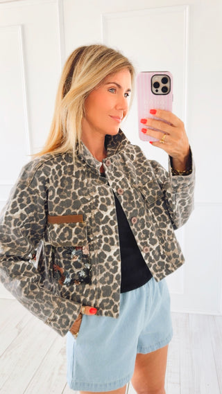 Leopard Floral Contrast Denim Jacket