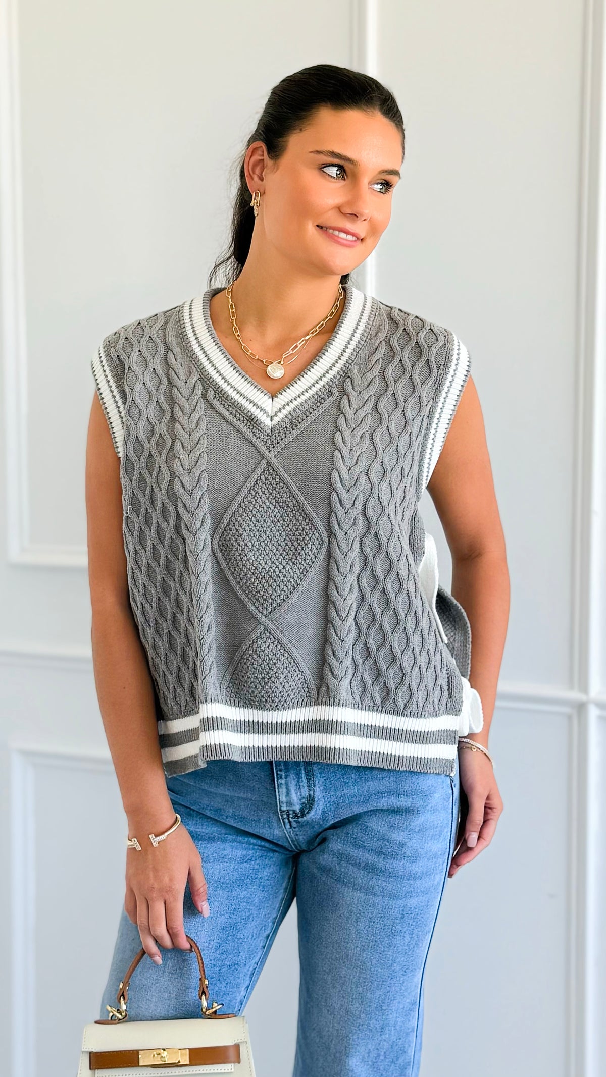 Sweet Side Tie Knit Vest-Grey-00 Sleevless Tops-Fantastic Fawn-Coastal Bloom Boutique, find the trendiest versions of the popular styles and looks Located in Indialantic, FL