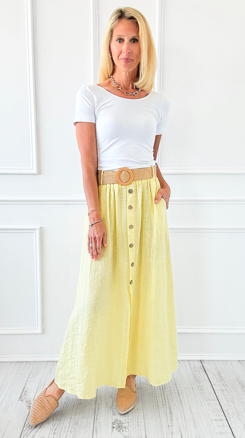 Belted Italian Linen Midi Button Skirt - Yellow-170 bottoms-Italianissimo-Coastal Bloom Boutique, find the trendiest versions of the popular styles and looks Located in Indialantic, FL