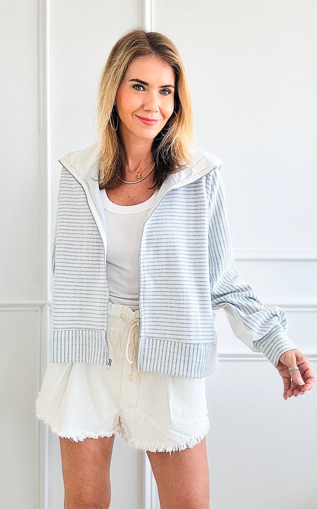 Contrast Striped Sweatshirt Jacket - Blue-160 Jackets-BucketList-Coastal Bloom Boutique, find the trendiest versions of the popular styles and looks Located in Indialantic, FL