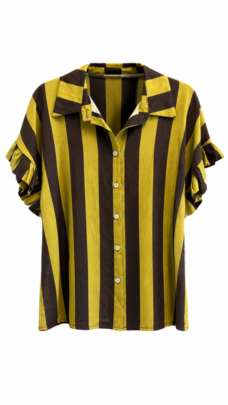 Ruffle Me Up Italian Button Top- Brown/Pistachio
