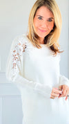 Lux Bloom Lace Shoulder Top - White-140 Sweaters-cinniya-Coastal Bloom Boutique, find the trendiest versions of the popular styles and looks Located in Indialantic, FL