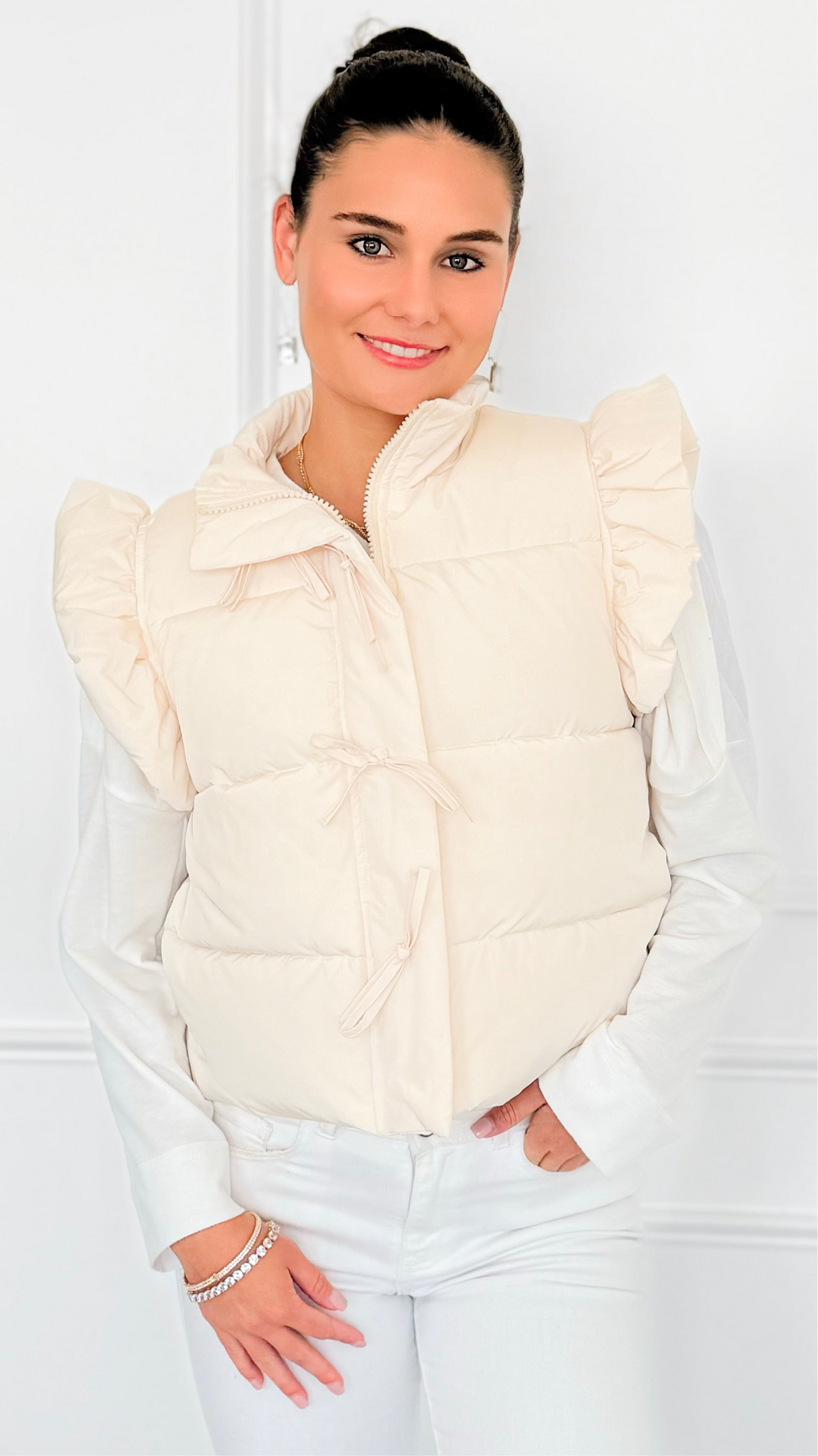Ruffle & Ready Bow Puffer Vest - Cream-VEST-Jodifl-Coastal Bloom Boutique, find the trendiest versions of the popular styles and looks Located in Indialantic, FL