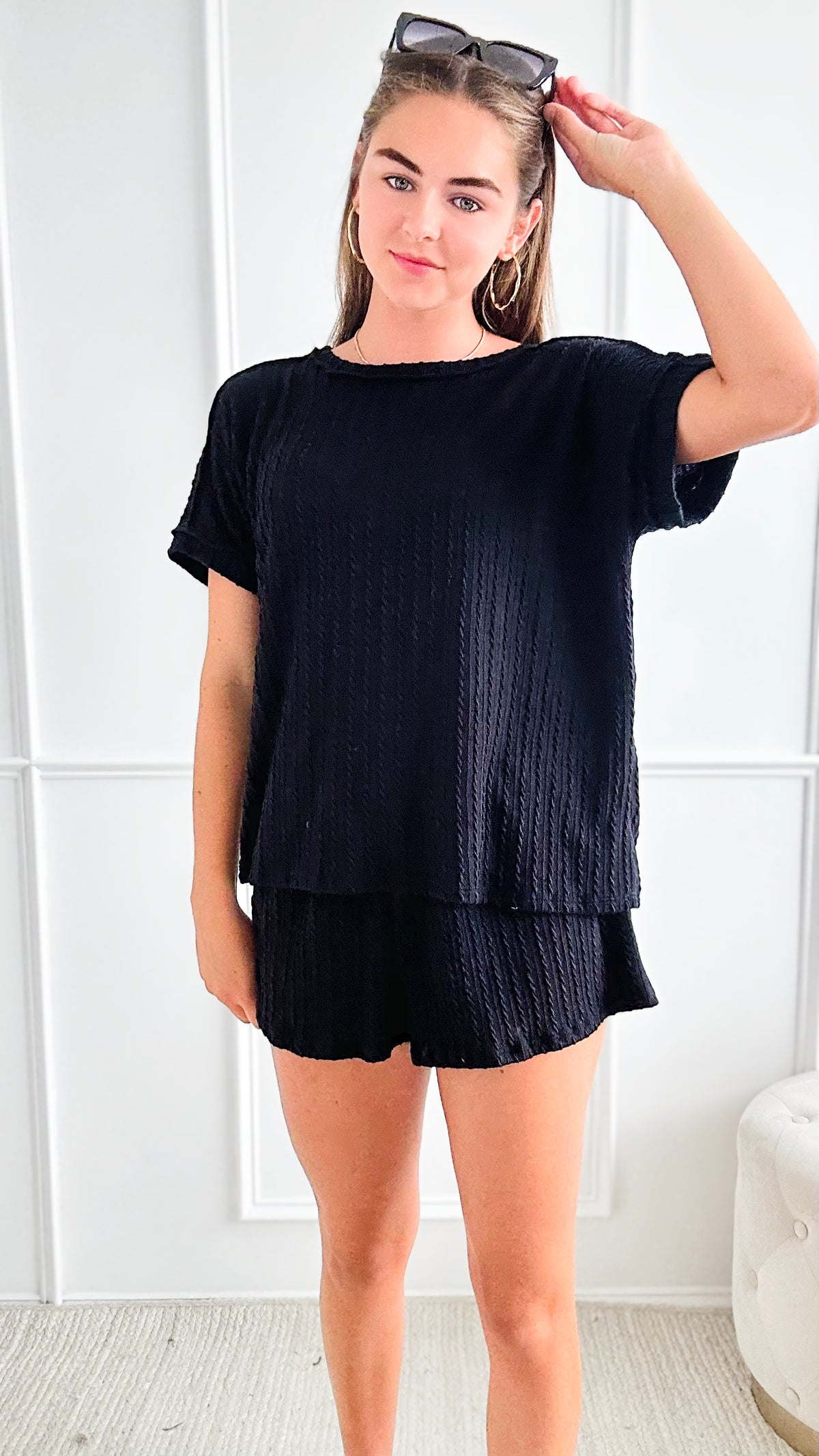 Textured Top & Short Set - Black-210 Loungewear/Sets-Lovely Melody-Coastal Bloom Boutique, find the trendiest versions of the popular styles and looks Located in Indialantic, FL