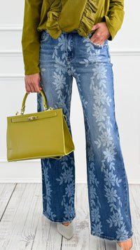 Floral Wide-Leg Denim Pants-170 Bottoms-Anniewear-Coastal Bloom Boutique, find the trendiest versions of the popular styles and looks Located in Indialantic, FL