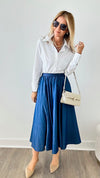 Gored Light Denim Midi Skirt-170 Bottoms-TABA-Coastal Bloom Boutique, find the trendiest versions of the popular styles and looks Located in Indialantic, FL