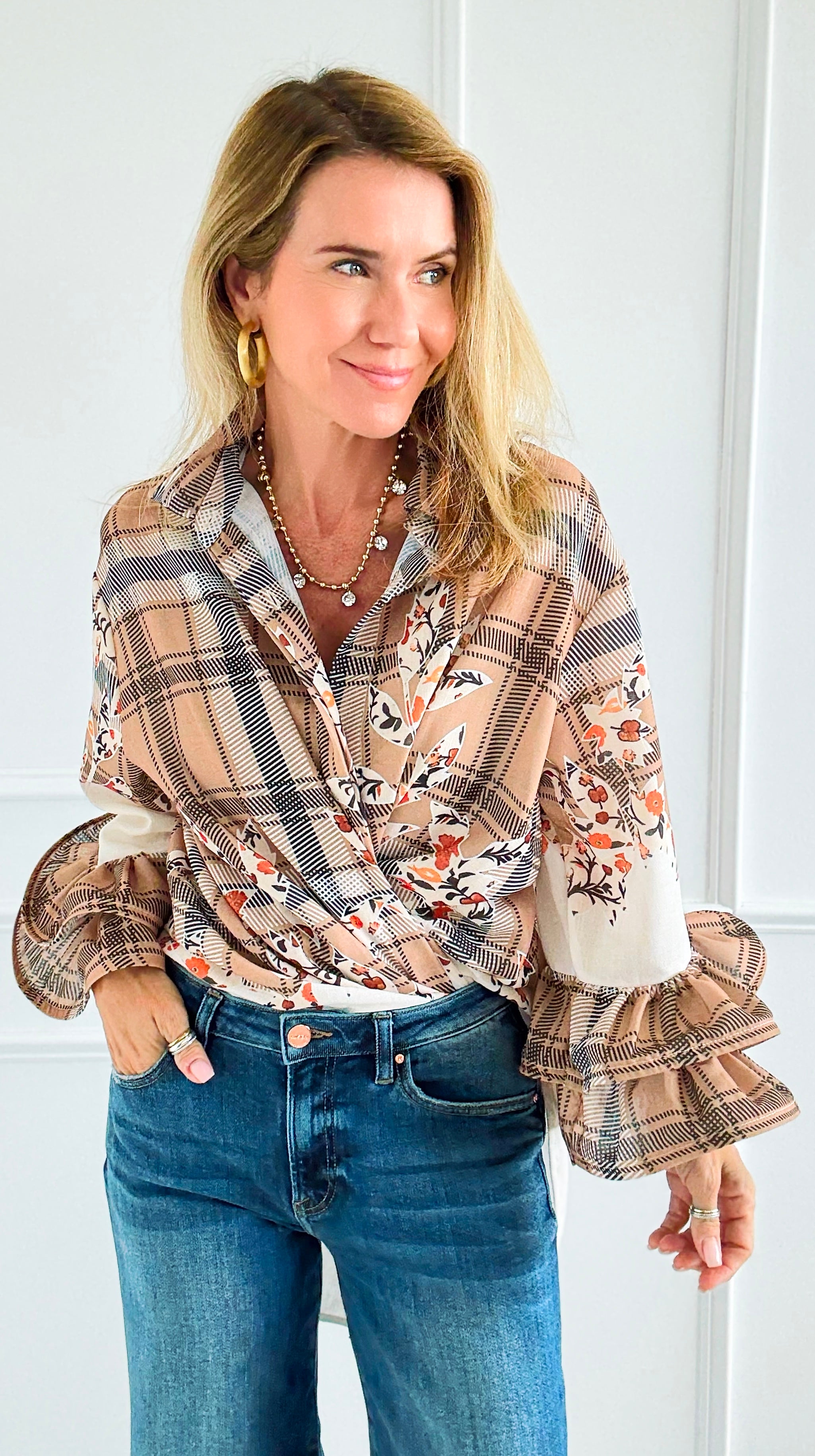 Garden Plaid Ruffle Bell Sleeve Italian Blouse-130 Long sleeve top-Italianissimo-Coastal Bloom Boutique, find the trendiest versions of the popular styles and looks Located in Indialantic, FL