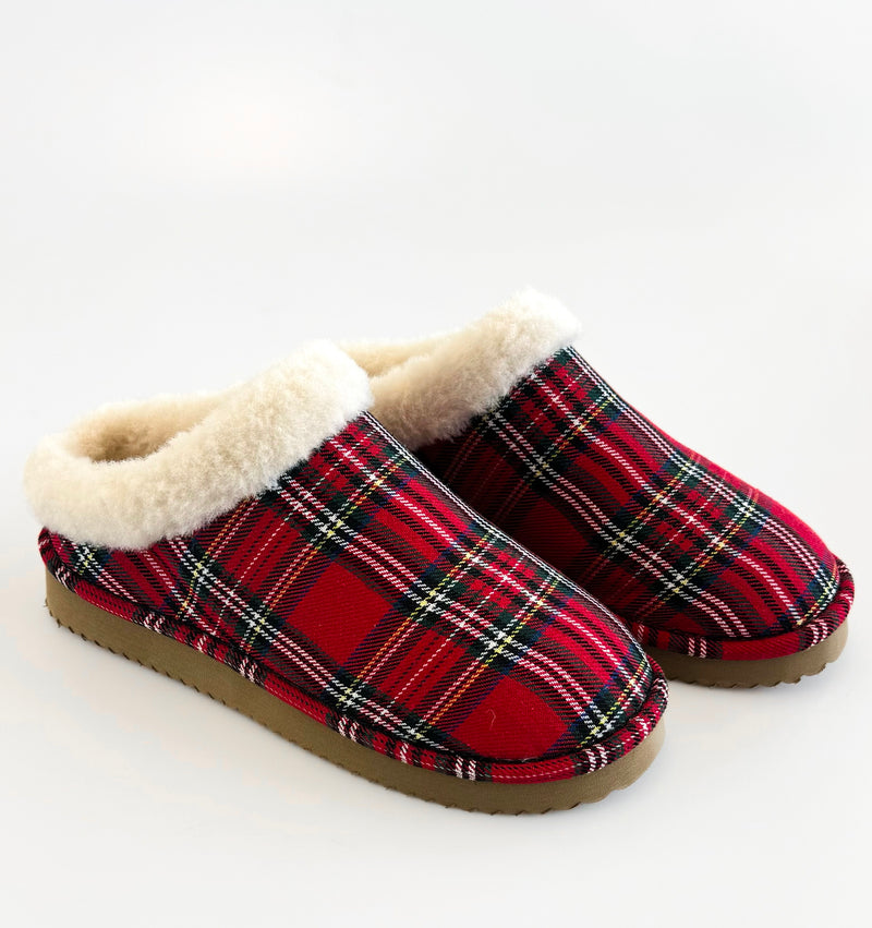 Plaid Sherpa-Lined Slippers - Red-250 Shoes-Corkys-Coastal Bloom Boutique, find the trendiest versions of the popular styles and looks Located in Indialantic, FL