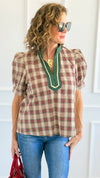Checked Charm Puff Sleeve Top - Taupe-110 Short Sleeve Tops-entro-Coastal Bloom Boutique, find the trendiest versions of the popular styles and looks Located in Indialantic, FL