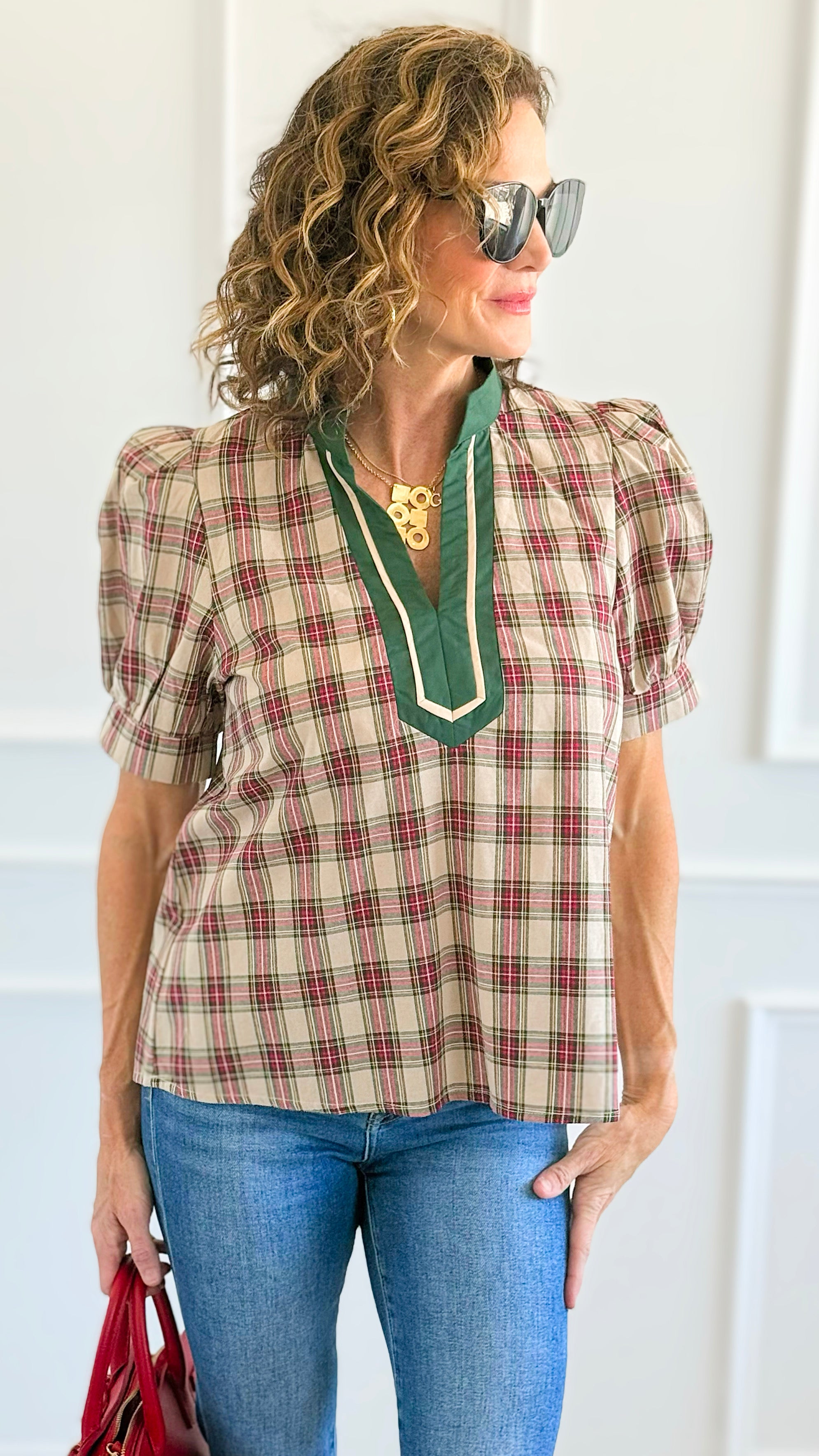 Checked Charm Puff Sleeve Top - Taupe-110 Short Sleeve Tops-entro-Coastal Bloom Boutique, find the trendiest versions of the popular styles and looks Located in Indialantic, FL