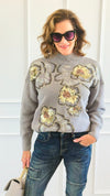 Sequin Blossom Italian Knit Sweater- Grey-140 Sweaters-AZUL MONACO-Coastal Bloom Boutique, find the trendiest versions of the popular styles and looks Located in Indialantic, FL