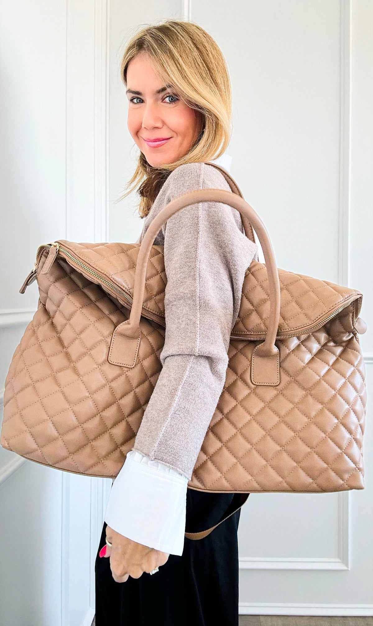 Quilted Weekender Bag - Beige-240 Bags-BC Handbags-Coastal Bloom Boutique, find the trendiest versions of the popular styles and looks Located in Indialantic, FL