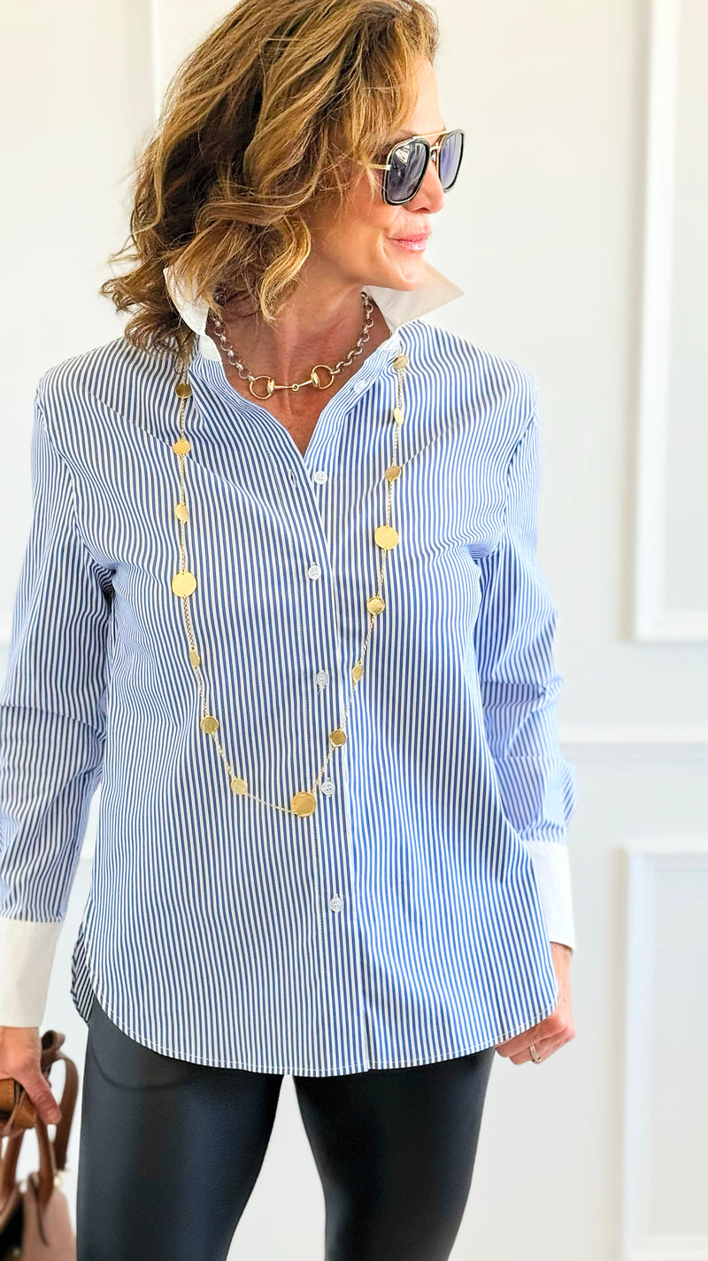 Classic Contrast Collar Top - Navy-130 Long Sleeve Tops-Must Have-Coastal Bloom Boutique, find the trendiest versions of the popular styles and looks Located in Indialantic, FL