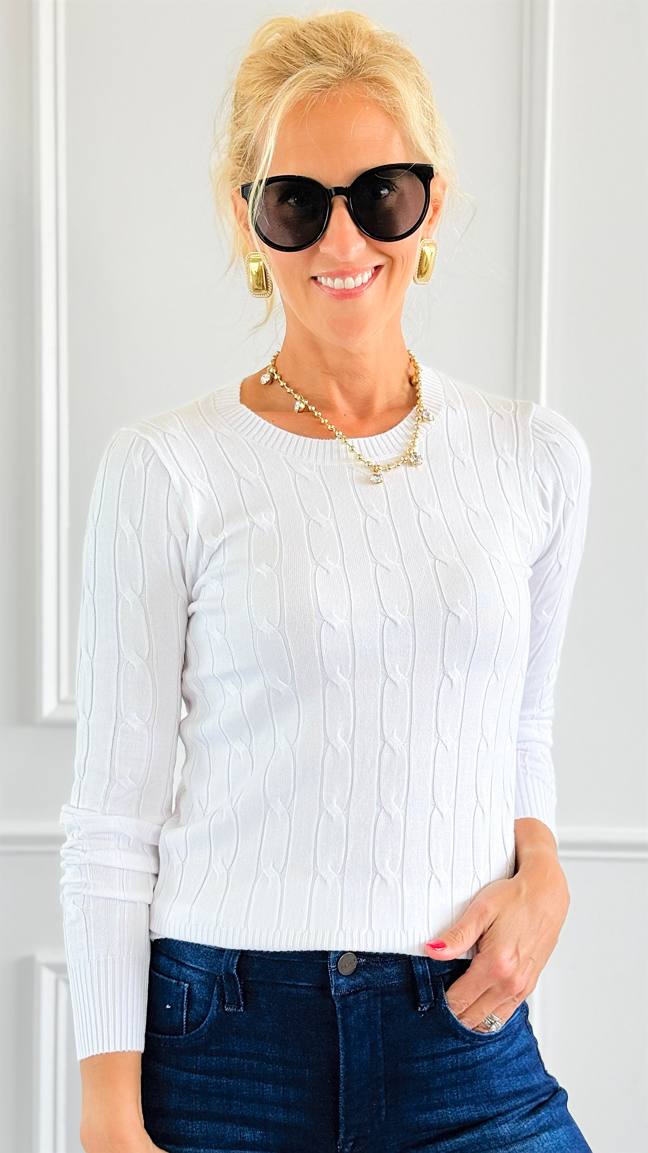 Hailey Knit Pullover Top - White-140 Sweaters-Cielo-Coastal Bloom Boutique, find the trendiest versions of the popular styles and looks Located in Indialantic, FL