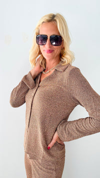 Evening Out Lurex Button Down Top - Rose Gold-130 Long Sleeve Tops-skies are blue-Coastal Bloom Boutique, find the trendiest versions of the popular styles and looks Located in Indialantic, FL