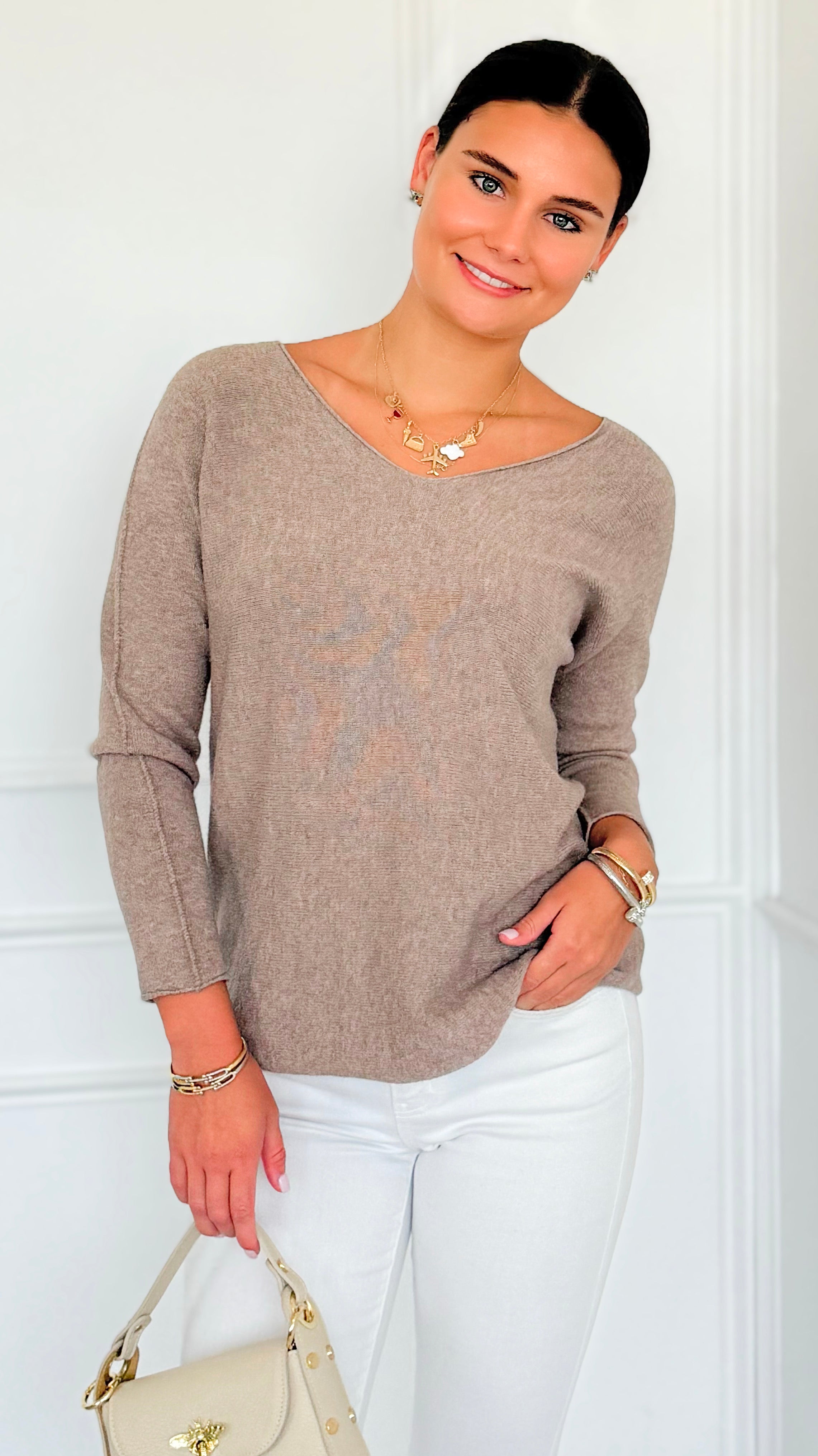 Soho Italian V-Neck Pullover - Ash Mocha-140 Sweaters-Italianissimo-Coastal Bloom Boutique, find the trendiest versions of the popular styles and looks Located in Indialantic, FL