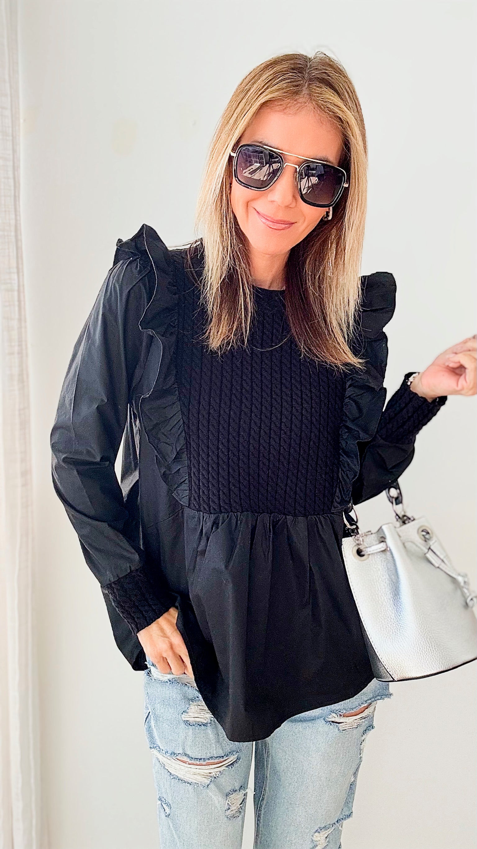 Stella Crochet Poplin Ruffle Blouse-130 Long Sleeve Tops-Joh Apparel-Coastal Bloom Boutique, find the trendiest versions of the popular styles and looks Located in Indialantic, FL