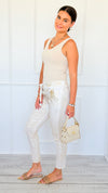 Shine-On Glistening Italian Joggers - White/Gold-180 Joggers-Italianissimo-Coastal Bloom Boutique, find the trendiest versions of the popular styles and looks Located in Indialantic, FL