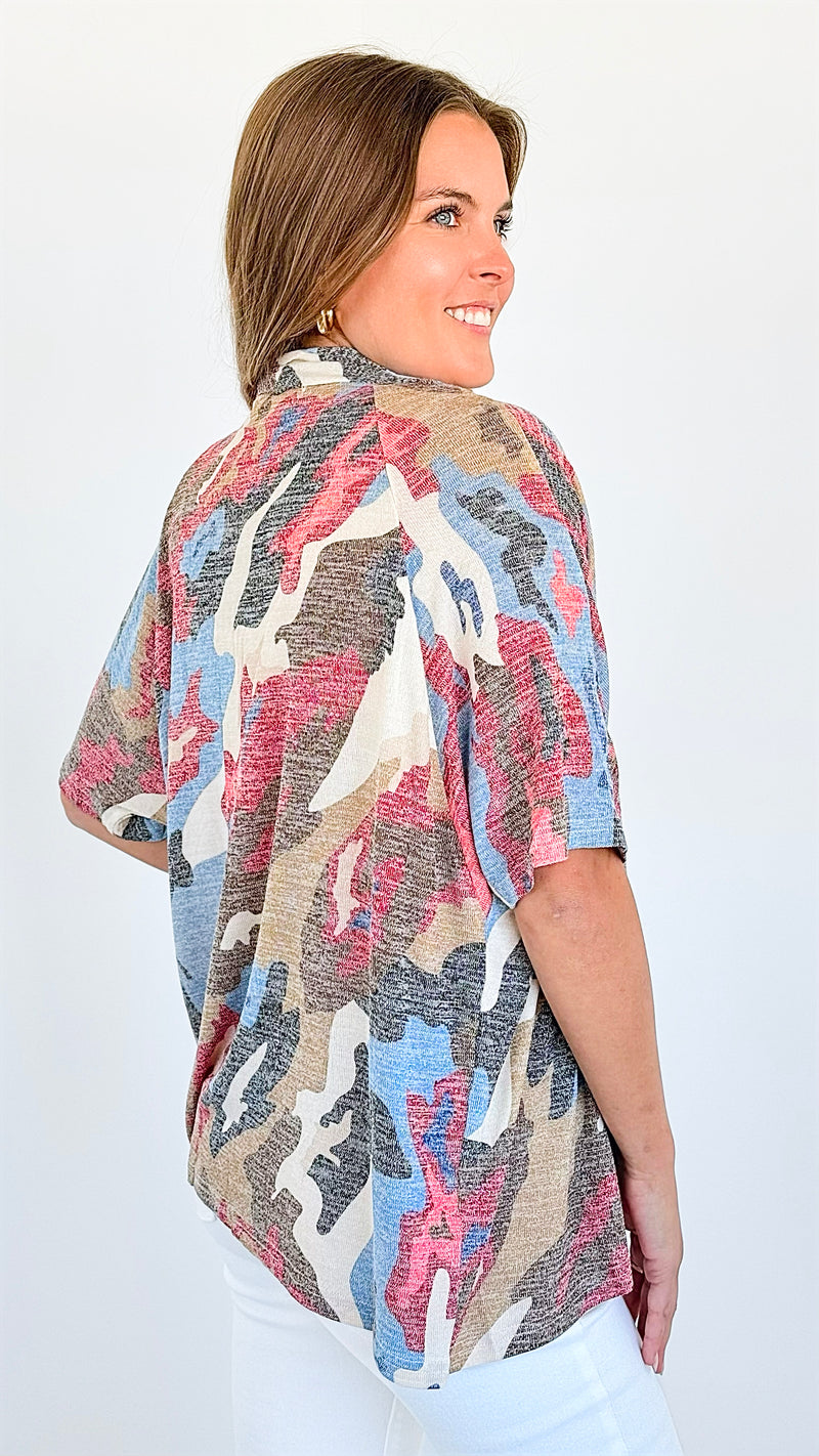 Camo Short Sleeve Open Cardigan-130 Long Sleeve Tops-ARYEH-Coastal Bloom Boutique, find the trendiest versions of the popular styles and looks Located in Indialantic, FL