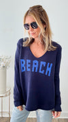 "Beach" Lightweight Knit V Neck - Navy-140 Sweaters-Miracle-Coastal Bloom Boutique, find the trendiest versions of the popular styles and looks Located in Indialantic, FL