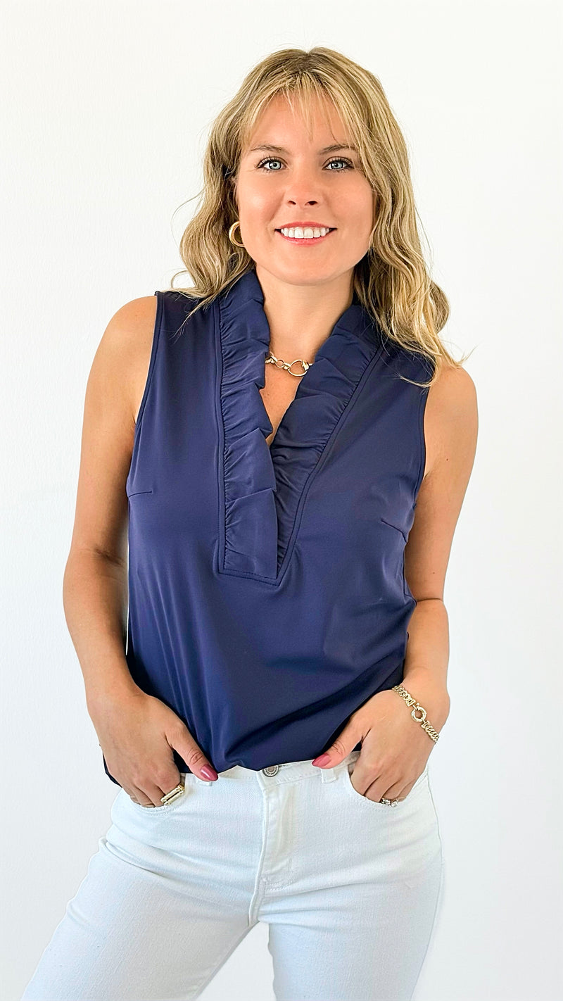 Ruffled V-Neck Sleeveless Top - Navy-100 Sleeveless Tops-ARYEH-Coastal Bloom Boutique, find the trendiest versions of the popular styles and looks Located in Indialantic, FL