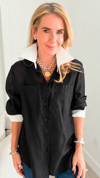 Sheer Petal Contrast Italian Button-Up- Black